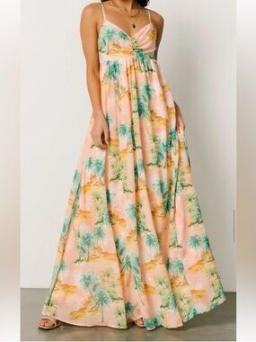 Flying Tomato Peach Tropical Print Maxi Dress with Green Palm Accent